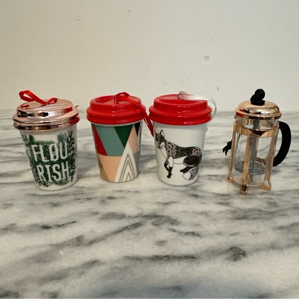 Starbucks Holiday Themed Mini Coffee Cup Ornaments Set of 4 Fox,Geometric, 2017